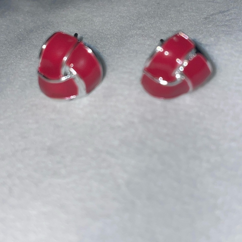 Vintage tiny silver red enameled triangle post earrings
